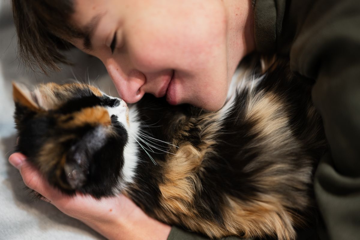 Teenager cuddling with a long-haired calico cat indoors
