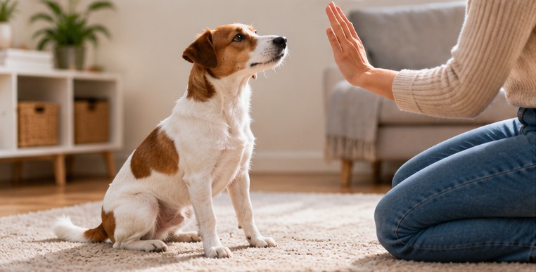 Dog responding to an empty-hand training signal from its owner indoors