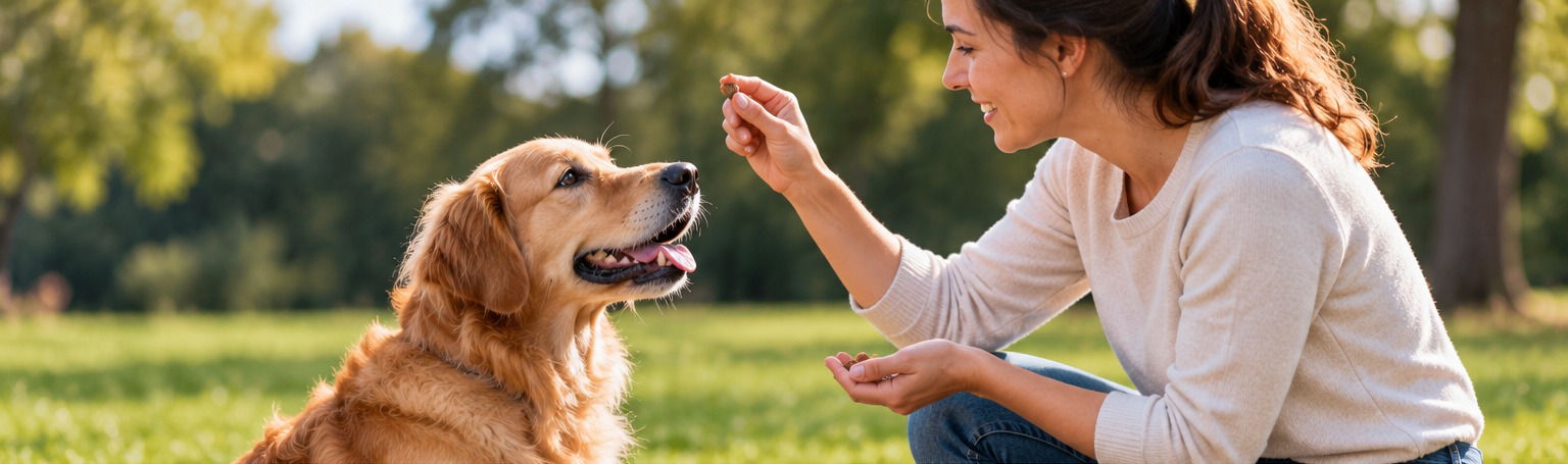 Dog owner rewarding a golden retriever during a positive-reinforcement training session