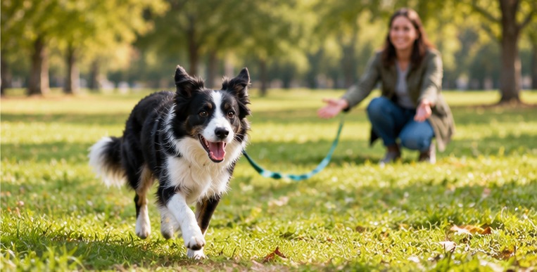 Border collie practicing recall with its owner on a long leash in a park