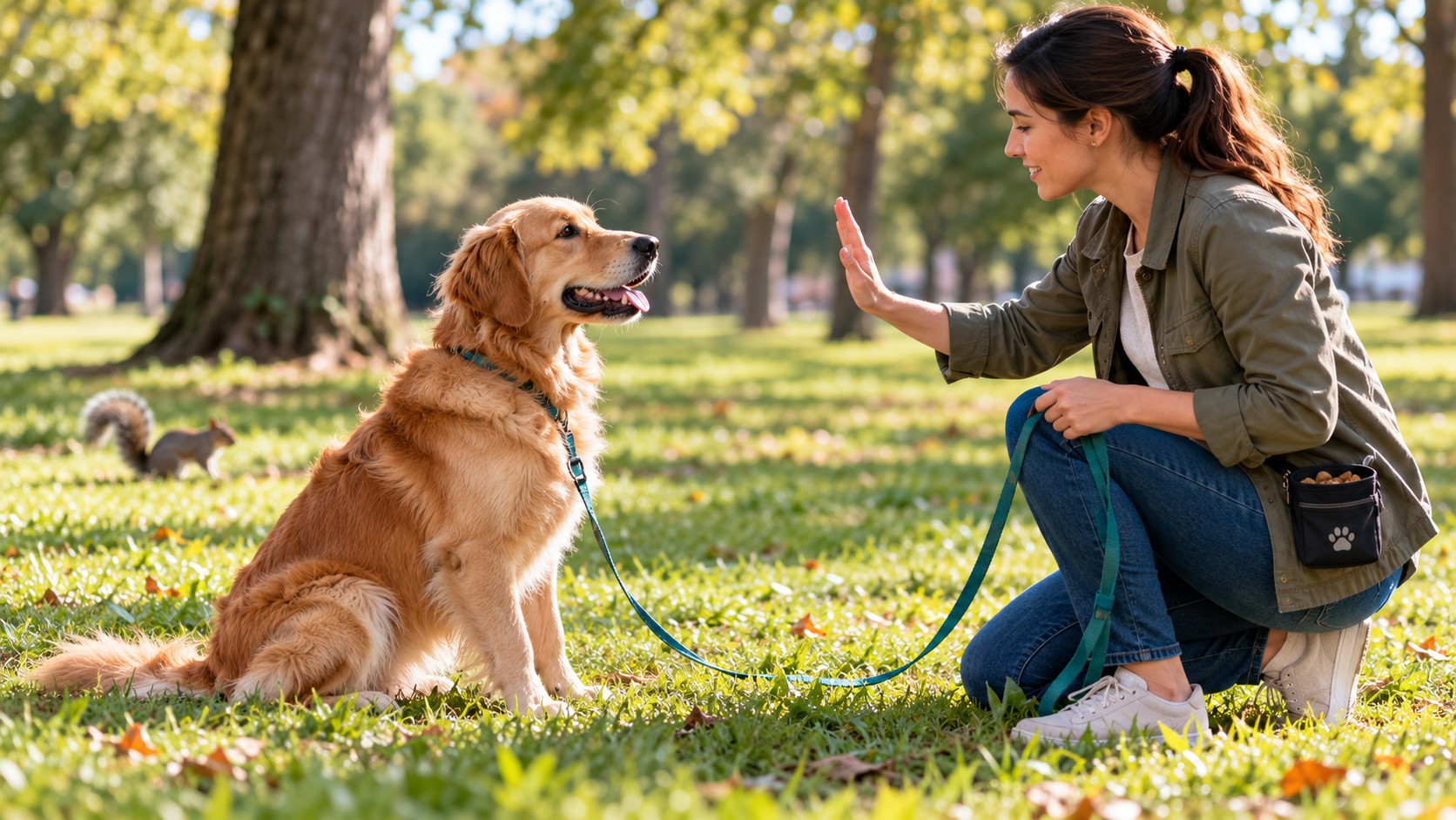 Golden retriever focusing on its owner during positive-reinforcement training in a park