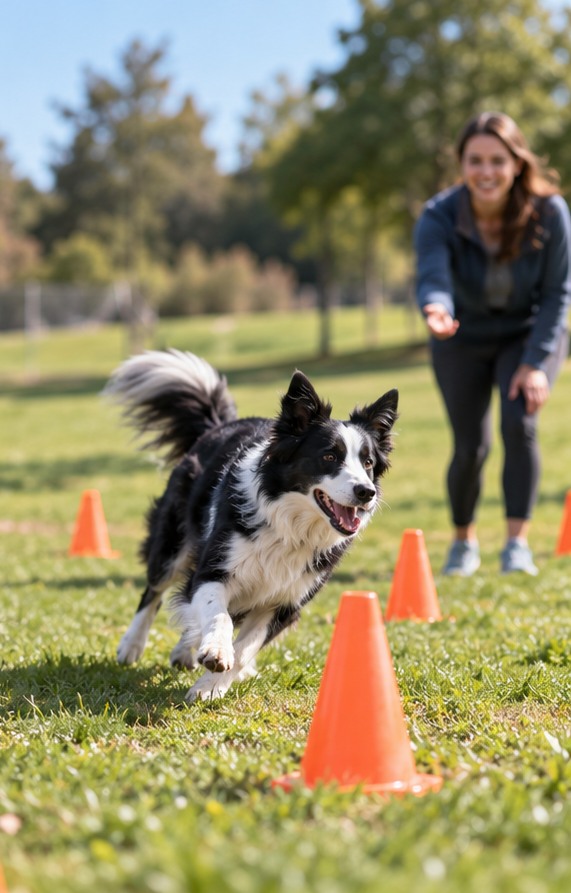 Dog practicing a training exercise outdoors with its handler at a manageable distraction level