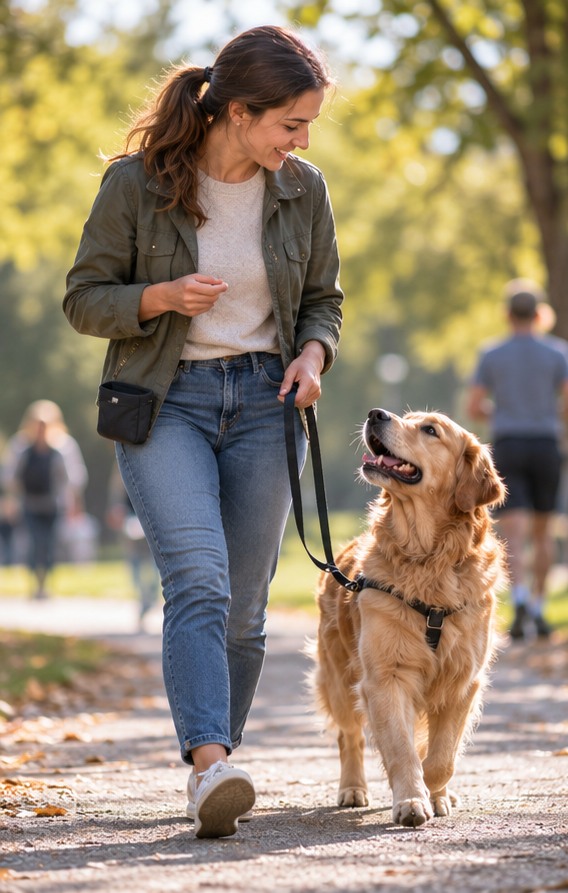 Owner practicing a familiar training behavior with a golden retriever on a quiet park path