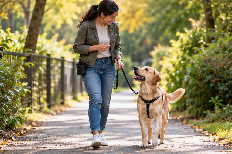 Owner giving a clear hand signal to a dog during a reward-based training exercise