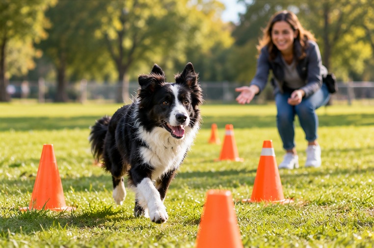 Dog and owner practicing a familiar training cue in a quiet outdoor environment